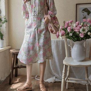 Bishop-sleeve Floral Midi Dress Pink - One Size
