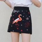 High-waist Flamingo Embroidered Mini A-line Skirt