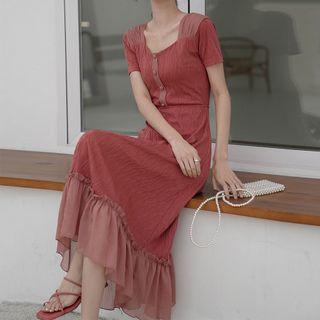 Short-sleeve Shirred Paneled A-line Dress