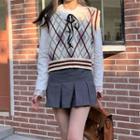 Argyle Sweater Vest / Sweater / Lace Trim Blouse / Plain Mini Skirt