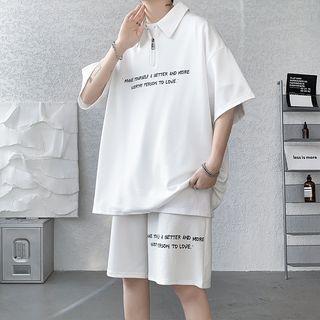 Elbow-sleeve Lettering Polo Shirt / Wide Leg Shorts / Set
