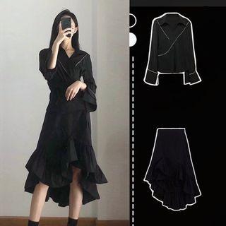 Set: V-neck Long Sleeve Blouse + Asymmetric Hem A-line Skirt