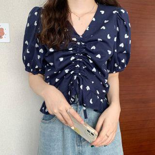 Heart Print Puff-sleeve Top