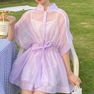 Set: Sheer Short-sleeve Tie-waist Mini A-line Dress + Slipdress