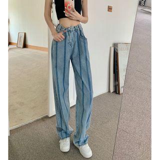 Adjustable High-waist Striped Wide-leg Jeans