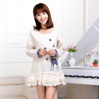 Deer Applique Eyelet Lace Trim Long-sleeve Tunic