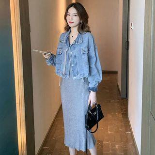 Pocket Detail Cropped Denim Jacket / Spaghetti Strap Midi Knit Dress