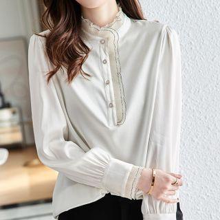 Mock-neck Ruffled Chiffon Henley Blouse