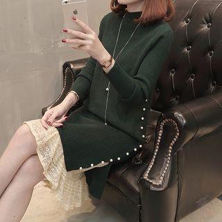 Set: Mock Neck Knit Faux Pearl Accent Sweater + Lace A-line Skirt