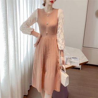 Chiffon Panel Long Sleeve Knit Dress