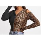 Long Sleeve Cold Shoulder Leopard Panel T-shirt