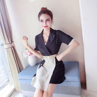 Color Panel Notch Lapel Short Sleeve Dress