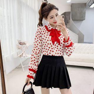 Bow Accent Heart Print Chiffon Blouse