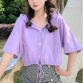 Elbow-sleeve Hooded Cropped Shirt