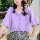 Elbow-sleeve Hooded Cropped Shirt