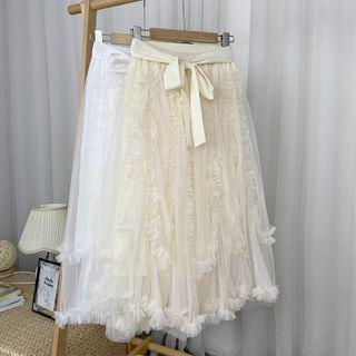 Ruffle Trim Mesh Midi A-line Skirt