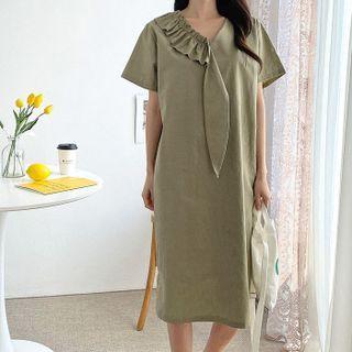 V-neck Ruffle Trim Midi Shift Dress
