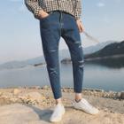 Cropped Distressed Straight-cut Jeans