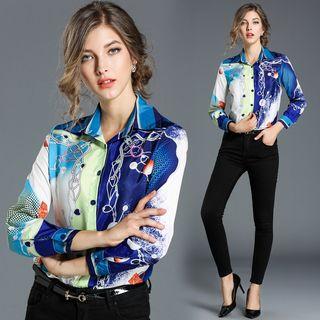 Long-sleeve Printed Satin Blouse