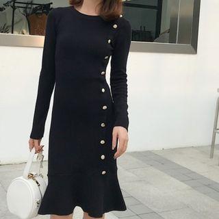Flared Hem Button Detail Knit Sheath Dress Black - One Size