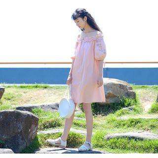 Elbow-sleeve Off Shoulder Embroidered Dress