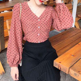 Polka Dot Chiffon Blouse / A-line Midi Knit Skirt