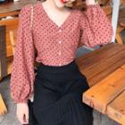 Polka Dot Chiffon Blouse / A-line Midi Knit Skirt