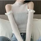 Long-sleeve Frill Trim Cold Shoulder Knit Top