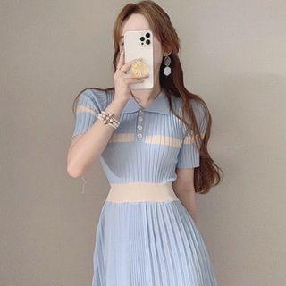Short-sleeve Midi A-line Pleated Knit Dress