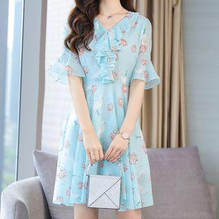 Floral Print Elbow-sleeve Ruffled A-line Chiffon Dress