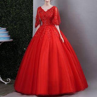 Plain Elbow-sleeve Evening Dress