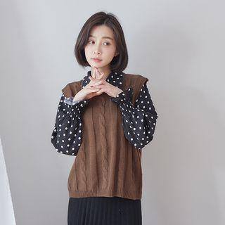 Set: Dotted Blouse + Knit Vest 02 - Black - One Size