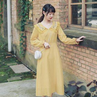 Embroidered Collar Midi A-line Dress