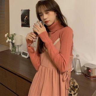 Long-sleeve Ribbed Knit Top / Lace Trim Midi Overall Dress