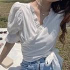 Bell-sleeve V-neck Ruffled Crop Top White - One Size