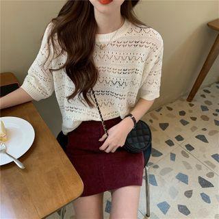 Short-sleeve Pointelle Knit Top Milky White - One Size