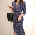 3/4-sleeve Pattern Midi A-line Wrap Dress