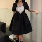 Short-sleeve Heart Print A-line Dress Black - One Size