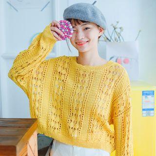 Long-sleeve Crochet Knit Top Yellow - One Size