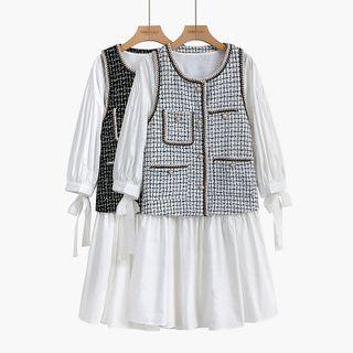 Set: Long-sleeve A-line Midi Dress + Checked Buttoned Knit Vest
