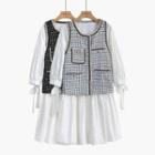 Set: Long-sleeve A-line Midi Dress + Checked Buttoned Knit Vest