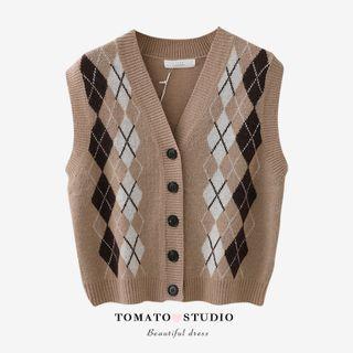 V-neck Plaid Color-block Button-up Cropped Vest