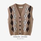 V-neck Plaid Color-block Button-up Cropped Vest