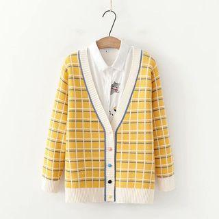 Plaid Cardigan / Embroidered Shirt
