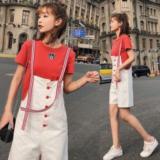 Set: Short-sleeve Dog Applique T-shirt + Jumper Shorts