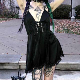 Tie-front Lace Trim Spaghetti Strap Dress