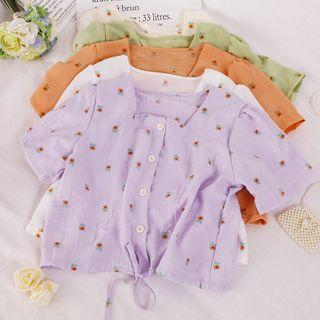 Floral Short-sleeve Drawstring-hem Cropped Blouse