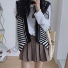 Plain T-shirt / Pleated Mini A-line Skirt / Striped Sweater Vest / Set