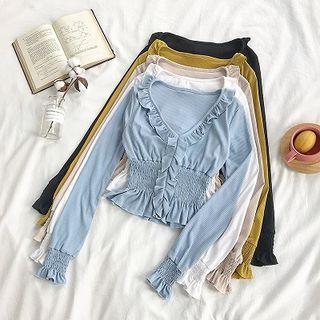 Frilled V-neck Ruffled-trim Flare-sleeve Top