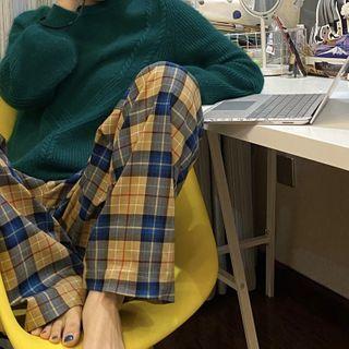 Plaid Wide-leg Pants / Plain Sweater